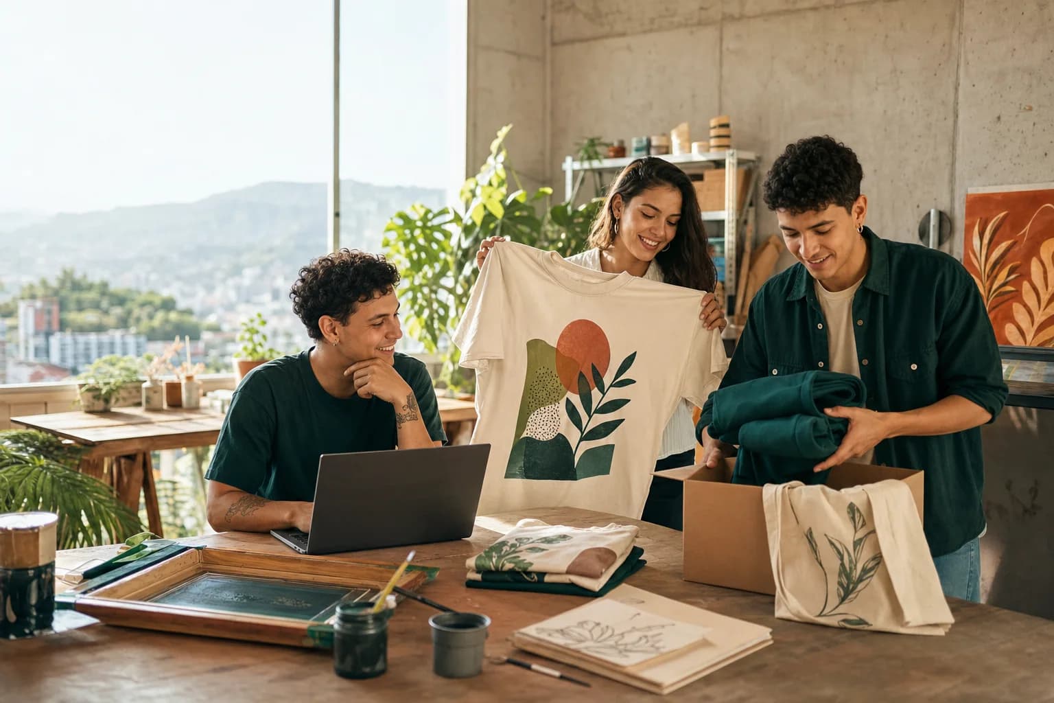 Creadores colombianos preparando una camiseta, un hoodie y una tote bag personalizados
